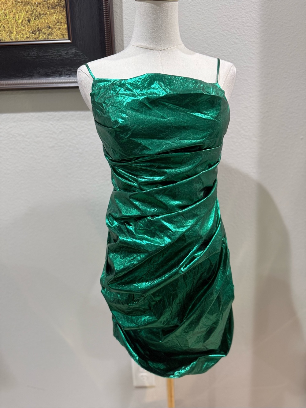 Amanda Uprichard: Laconia green metallic Ruched Mini Dress Size S - Picture 4 of 7